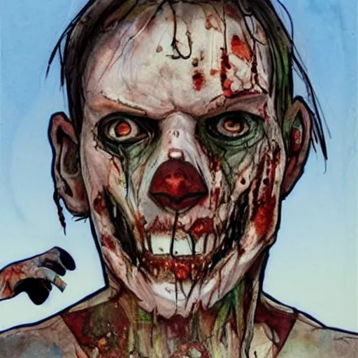 Prompt: a face portrai sketch of a decomposing zombie in a desert, gta 5 cover art style, in costume, the desert is in watercolor, super man zombie face, pencil, intermediate art, paper art, pencil, bold lines, terrifying, by an horror artist