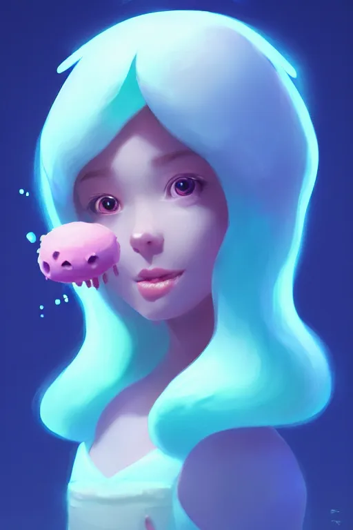 Image similar to super cute Bioluminescent melting ice cream character concept, soft light, soft mood, realistic body features and face, illustration, painting oil on canvas by Elena Zhurikhina and Goro Fujita and Charlie Bowater, octane render trending on artstation, 4k, 8k, HD