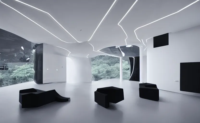 Image similar to futuristic minimalist living room, floating black spirits, surreal, coherent composition, architecturally accurate, architecture photography, 8 k