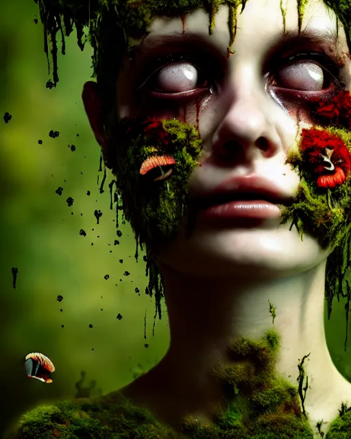 Image similar to a disturbing digital horror arthouse photograph of a beautiful crying woman with flowers moss and fungus growing out of her head and petals dripping from her eyes, intricate, sharp focus, cinematography, highly detailed, octane render, digital horror artwork, matte, photography by professional photographer