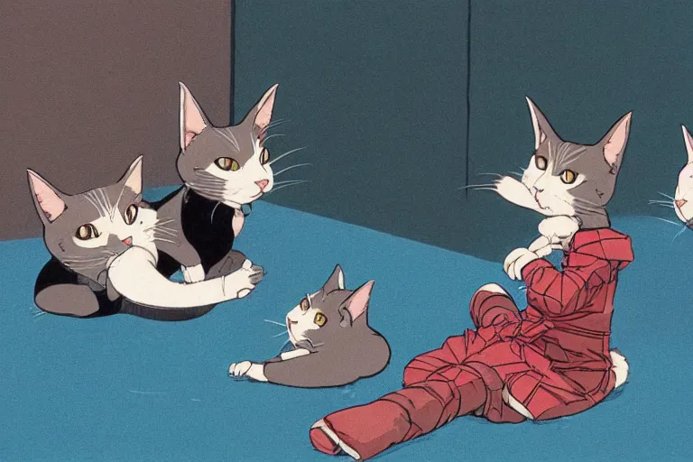 Prompt: four happy stray cats, lounging about and looking at the camera, urban setting, whimsical, trending on artstation, animation still by Hayao Myazaki and Moebius