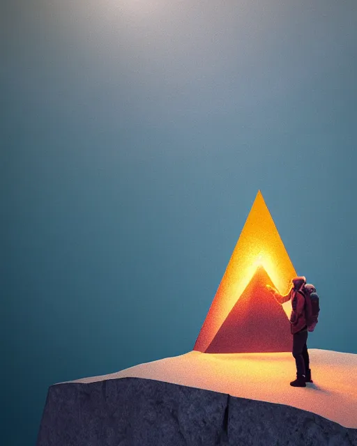 Image similar to a man standing in the middle of a mountain with a glowy triangle, a render by filip hodas, behance contest winner, environmental art, rendered in cinema 4 d, volumetric lighting