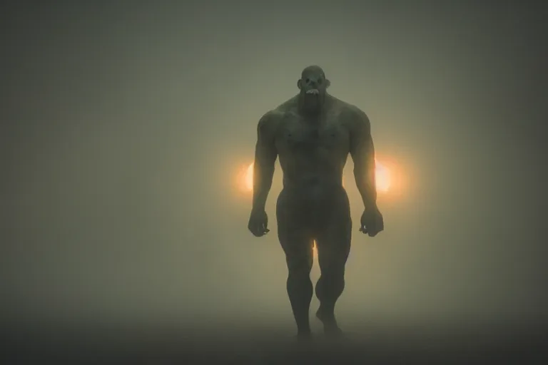 Image similar to a giant monster made of flesh and muscles, very angry, misty, foggy, ambient light, terror, glows,