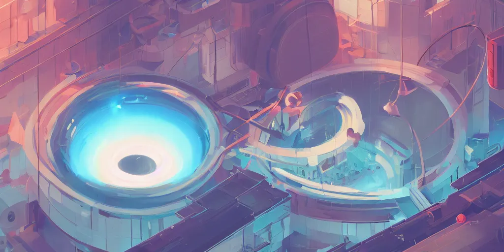 Prompt: factory that creates different universes, mini black hole with a turkish blue vortex, james gilleard, atey ghailan, makoto shinkai, goro fujita, studio ghibli, rim light, exquisite lighting, clear focus, very consistent, plain background, painting gentle