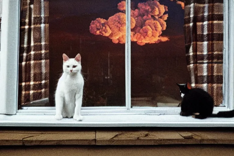 Image similar to cat sitting on the windowsill wrapped in a plaid plaid, Mushroom cloud far behind