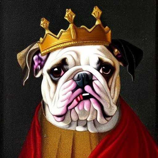 Image similar to a renaissance style portrait painting of a small mostly white female bulldog, wearing a crown and cape, dark background. trending on artstation.