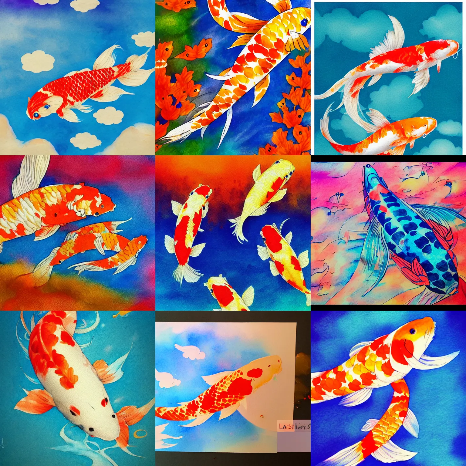 Prompt: koi flying in the sky, papyrus, watercolored, vibrant colours, artstation
