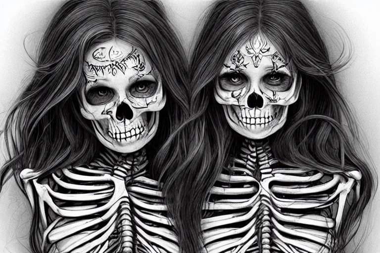 Image similar to “ a extremely detailed stunning girl and skeleton drawings by allen william on artstation ”