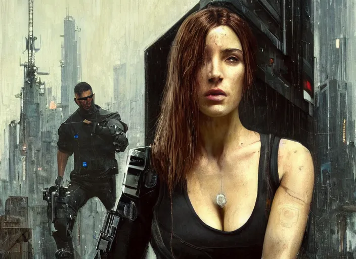 Image similar to Maria evades sgt Nash. Cyberpunk hacker wearing stealth suit hiding from police patrol (blade runner 2049, cyberpunk 2077). beautiful face. Dark industrial plant. Orientalist portrait by john william waterhouse and James Gurney and Theodore Ralli and Nasreddine Dinet, oil on canvas. Cinematic, hyper realism, realistic proportions, dramatic lighting, high detail 4k