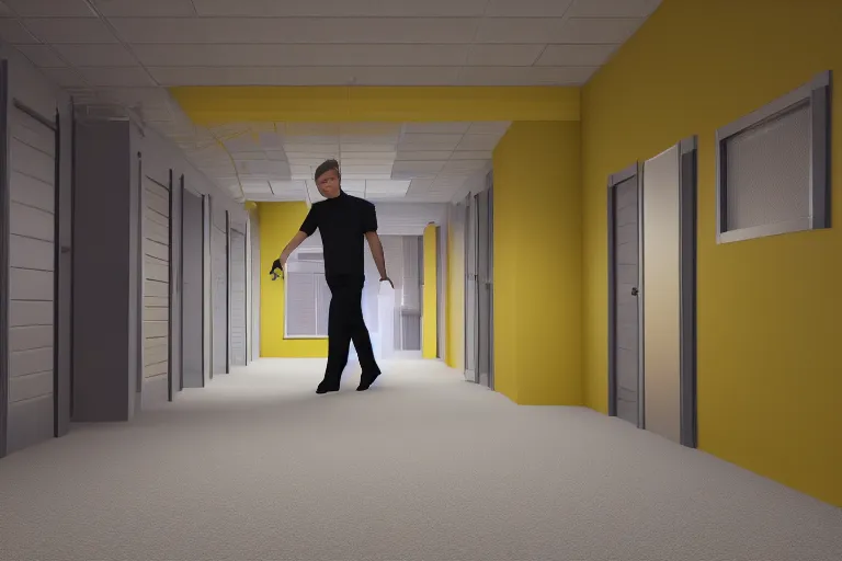 Image similar to 3 d render of jerma 9 8 5, jerma walking around in the backrooms, jerma walking in endless halls of completely empty office space with worn light mono - yellow 7 0 s wallpaper, old moist carpet, and inconsistently - placed fluorescent lighting | liminal space | non - euclidean space | high octane | blender | 3 d render