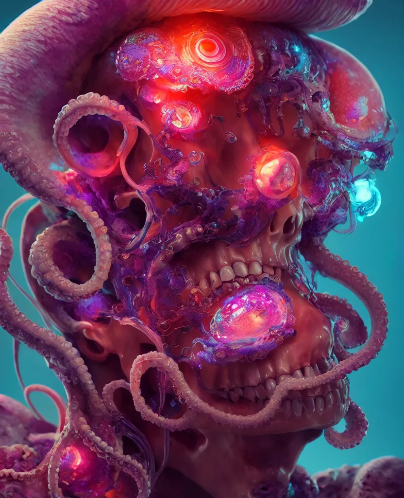 Image similar to goddess close - up portrait human skull, ram skull, squid phoenix jellyfish, orchid, betta fish, bioluminiscent, intricate artwork by tooth wu and wlop and beeple. octane render, trending on artstation, greg rutkowski very coherent symmetrical artwork. cinematic, hyper realism, high detail, octane render, 8 k