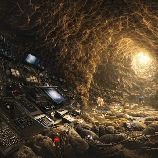 Prompt: a cave with many computers and piles of modular synth cables, by cameron gray, wlop, stanley kubrick, masamune, hideki anno, unique perspective, trending on artstation, 3 d render, smooth render