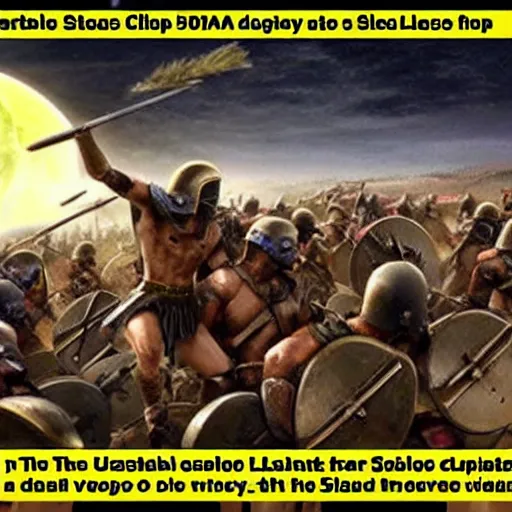 Image similar to the 5 0 0 undefeatable spartans clashing in a deep valley against the vast armies of the middle east while a solar eclispe is occuring