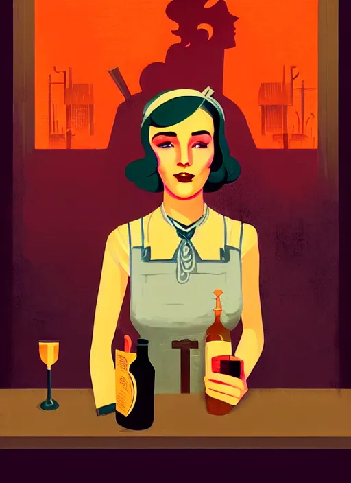 Prompt: character portrait of young woman as a beautiful barmaid, cozy dark crowded 1920s speakeasy tavern, dystopian 1920s soviet mood, intricate, wild, highly detailed, digital painting, artstation, concept art, smooth, sharp focus, illustration, art by Tom Whalen and Noah Bradley and Alena Aenami and Jeremiah Ketner and Dan Mumford, vibrant deep colors, 🍸, 8k octane beautifully detailed render, post-processing, extremely hyperdetailed, Art Nouveau, masterpiece, dizzy, foggy