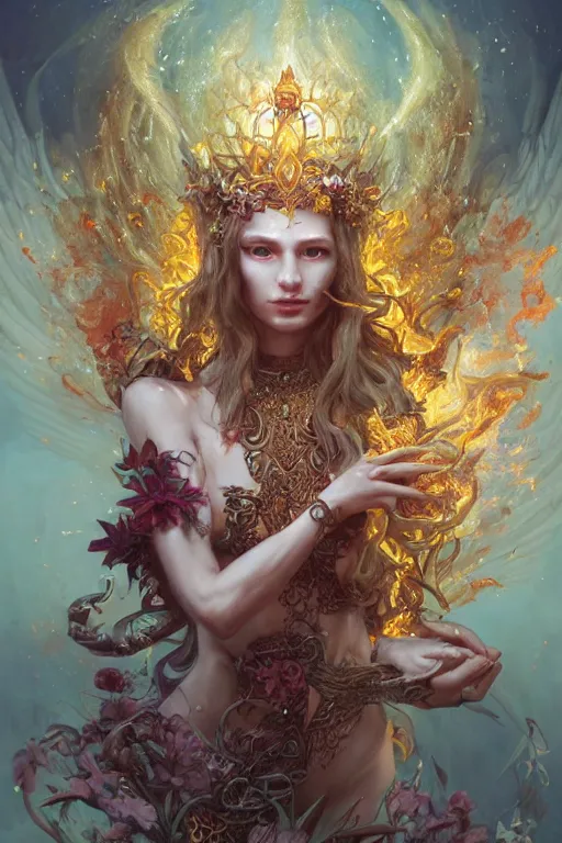Image similar to beautiful girl sorcerer covered with fire and golden dragon skin, cute fairy girl with crown of flowers in plants bikini covered with celtic rune tattoos, casting magic spell, angel, fantasy, magic the gathering, hyper detailed, 3 d render, hyper realistic detailed portrait, peter mohrbacher, wlop, ruan jia, luis royo