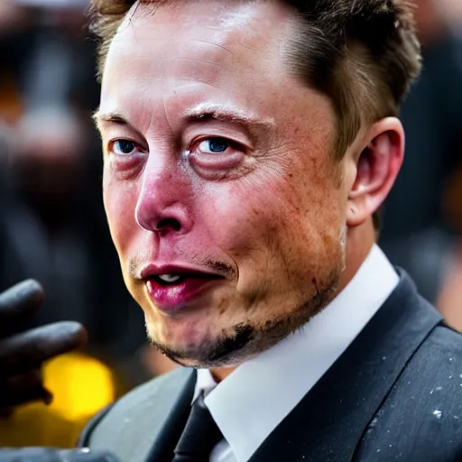 Image similar to professional photo of elon musk sobbing with wet tears on his cheeks, stunning, 4 k