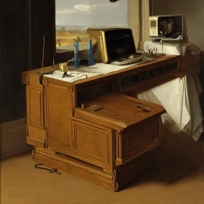 Prompt: still life painting of a retro electronics supercomputer desk workstation by pieter claesz, oil on canvas, strong lighting, highly detailed, hyper realism, golden hour, god rays, hd, 4 k