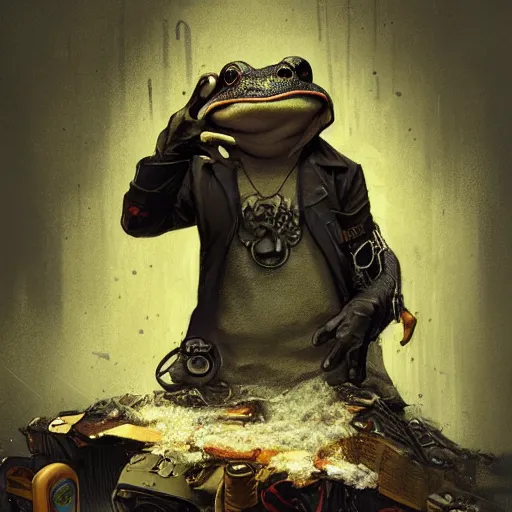 Image similar to a chain smoking frog cop, beating criminals to a pulp on the dirty streets of tokyo, highly detailed, digital painting, artstation, concept art, smooth, sharp focus, 8k, photorealistic, 25mm f/1.7 ASPH Lens, ultra realistic steampunk illustration, art by greg rutkowski and alphonse mucha