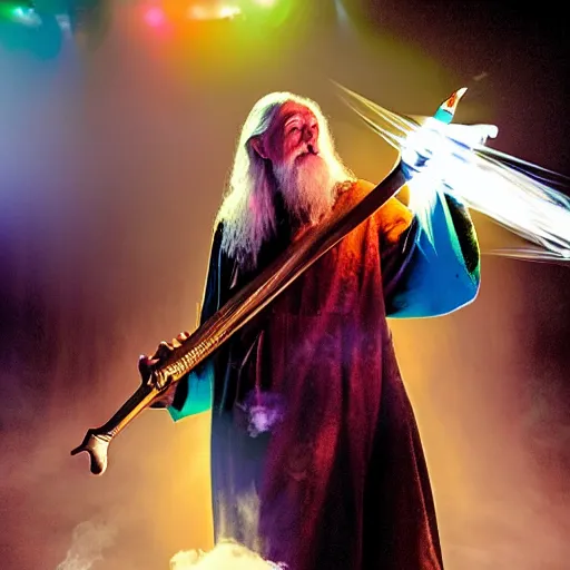 Prompt: gandalf playing a magical instrument in a funk band, fog machine, colored spotlights