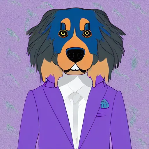 Prompt: an anthropomorphic blue dragon in a violet suit getting hugged by his anthropomorphic Bernese mountain dog husband wearing a turquoise suit, digital art