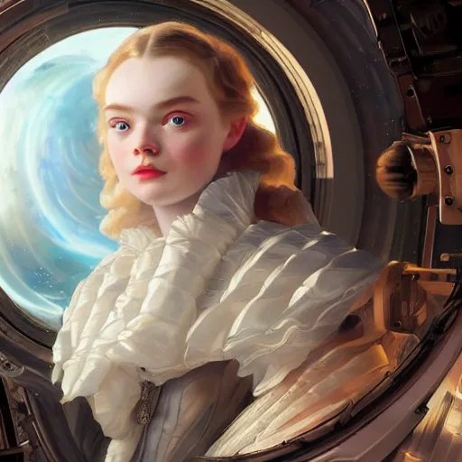 Prompt: leyendecker and peter paul rubens, head and shoulders portrait of a elle fanning in space, unreal engine, fantasy art by global illumination, radiant light, detailed and intricate environment