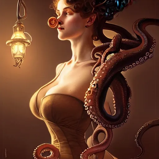 Image similar to an attractive young woman with octopus tentacle arms, working at an old west saloon serving drinks, fantasy, intricate, elegant, highly detailed, digital painting, artstation, concept art, matte, sharp focus, illustration, art by artgerm and greg rutkowski and alphonse mucha