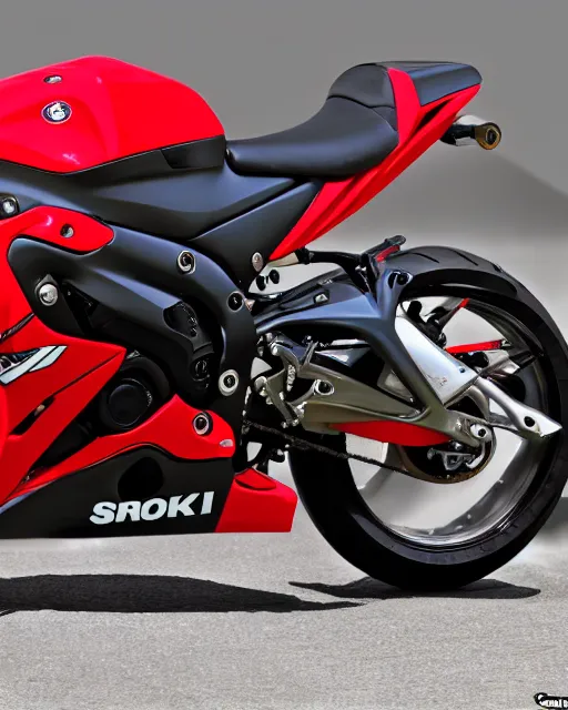 Image similar to an array of parts composing a cherry-red Suzuki GSX-R1000 motorcycle, body, mirrors, engine, wheels, chrome, aerodynamic