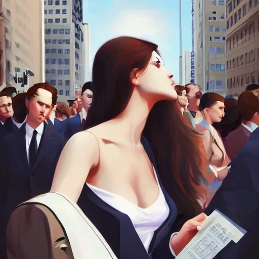 Image similar to cute beautiful girl with angel wings in suit crying in the Wall Street in the middle of the crowd, elegant, 2d, ultra highly detailed, digital painting, smooth, sharp focus, artstation, pixiv, art by Ilya Kuvshinov