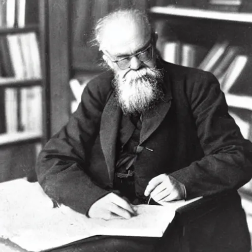Prompt: Edmund Husserl sitting at an old oak desk, in his personal library, vintage photograph