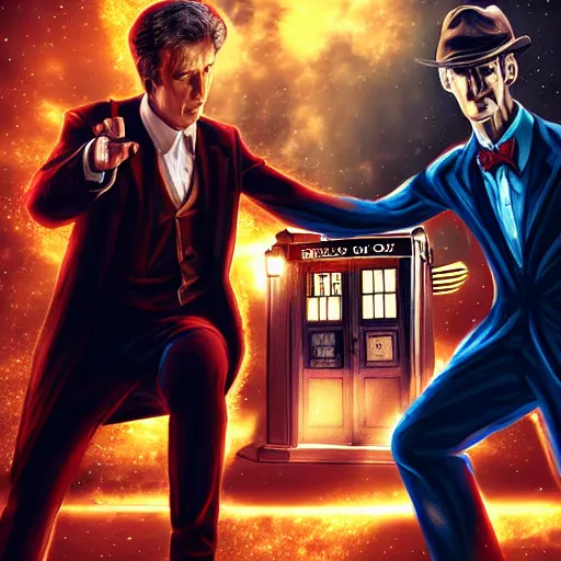 Image similar to doctor who fighting with godfather, highly detailed, digital art, cinematic lighting, illustration, 4 k