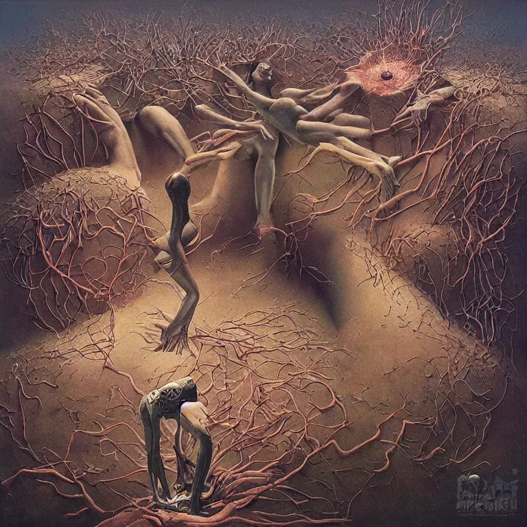 Prompt: Painting, Creative Design, album cover art, Biopunk, human mind, surrealist, by Zdzisław Beksiński and storm thorgerson