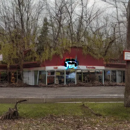 Prompt: pristine mcdonald's in the apocalyptic forest