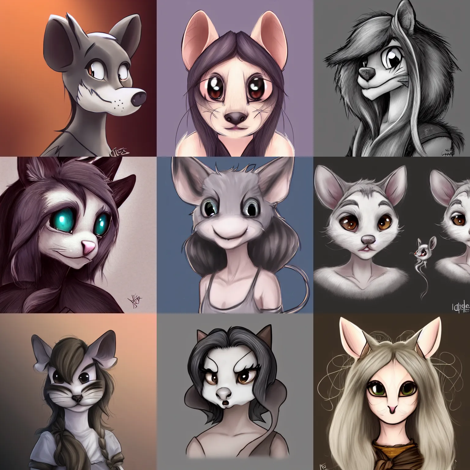 Image similar to 3/4 headshot of young female furry, D&D, cute, fantasy, intricate, long hair, grey skin, mouse face, mouse nose, mouse head, mouse ears, black hair, elegant, highly detailed, cartoony, artstation, concept art, smooth, sharp focus, illustration, art by Diives