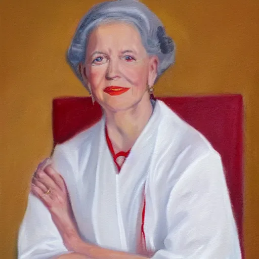 Prompt: a full portrait painting of marjorie taylor greene wearing white robes. red arm band.