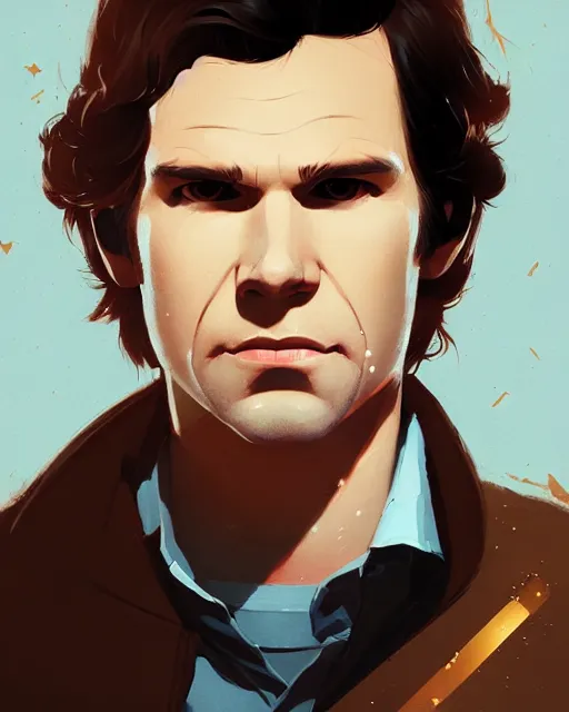 Image similar to portrait of man with dark hair and golden eyes, han solo, by atey ghailan, by greg rutkowski, by greg tocchini, by james gilleard, by joe fenton, by kaethe butcher, dynamic lighting, gradient light blue, brown, blonde cream and white color scheme, grunge aesthetic