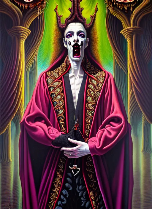 Image similar to beautiful oil painting, full length portrait of vampire dauphinois in baroque coronation robes 1 7 0 1, dan mumford, dan mumford, alex grey, hyacinthe rigaurd, highly detailed, lsd visuals, dmt fractal patterns, visionary art, psychedelic art, ornate, vaporwave, baroque, greg rutkowski