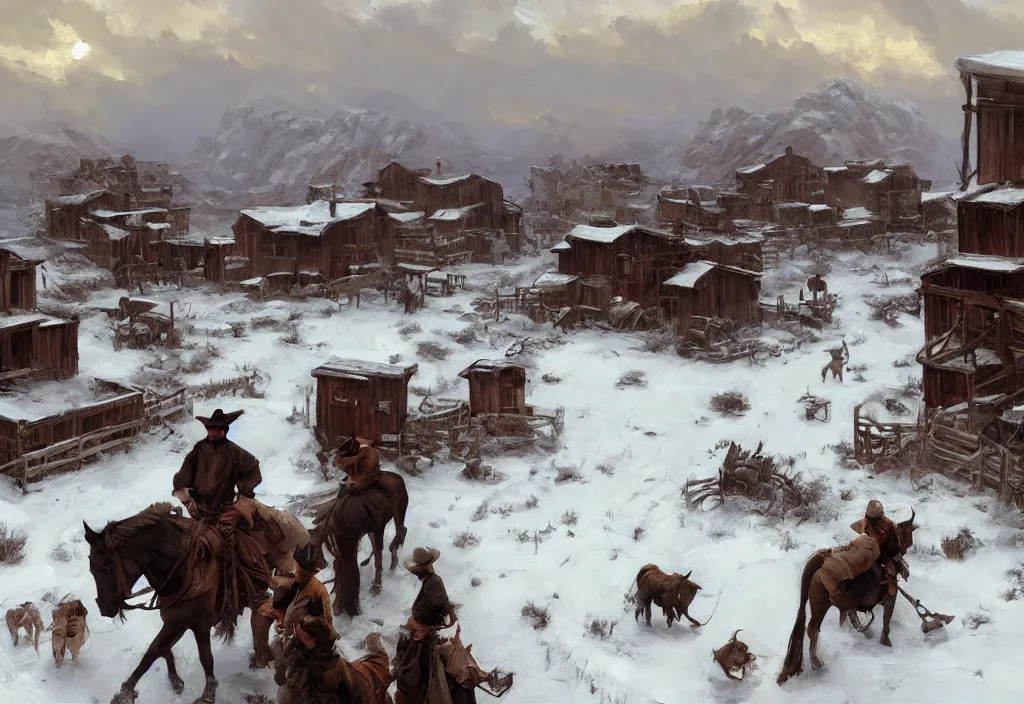 Prompt: greg manchess painting of a wild west abandoned town landscape in winter with no person nor horse in the painting only buildings in the year 1 8 5 0, nobody living there, snow storm, grey sky, painting, trending on artstation, by huang guangjian and gil elvgren and sachin teng