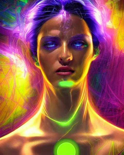 Image similar to a powerful energy psychedelic matrix priestess, by alexander fedosav, hyper detailed digital matte painting, concept art, hyperrealism, 1 6 k resolution, cinema 4 d, 8 k resolution, trending on artstation, behance hd, a masterpiece, by stephan martiniere, particles, cel - shaded, power bright neon energy, by david a. hardy,