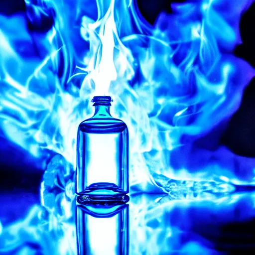 Image similar to blue flame captured in a bottle, 4 k, photography, highly detailed