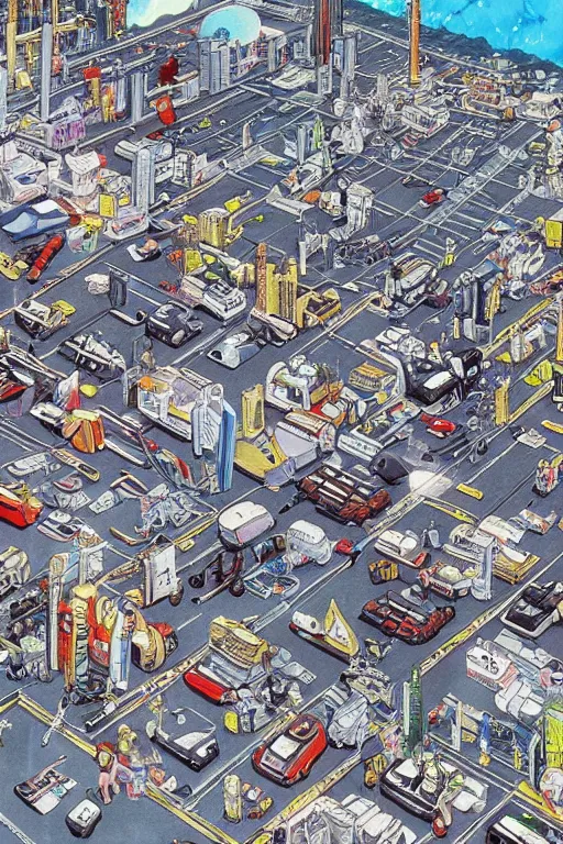 Image similar to it's an anime mural by katsuhiro otomo, it depicts a robotic giant towering over a world's city. below him are rows of cars and roads, while in the sky above are airplanes.