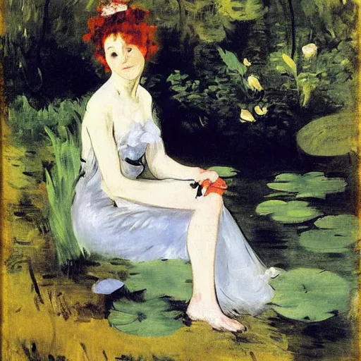 Prompt: a fairy sitting near a pond in the forest by edouard manet