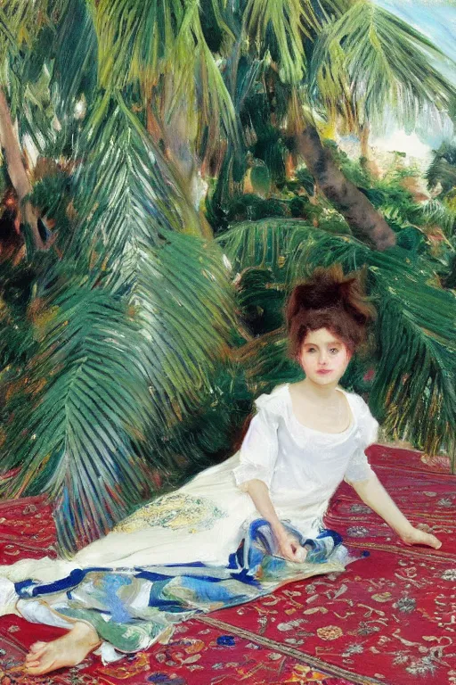 Prompt: girl with detailedly skirt lay down on a detailed persian carpet, tree palms in background, painting by john singer sargent