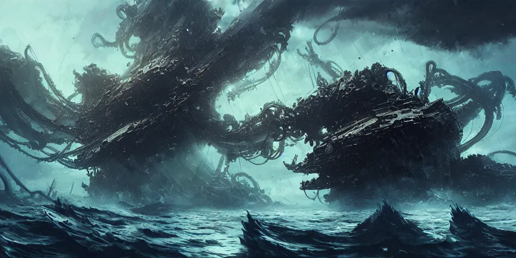 Image similar to ship being destroyed by a giant kraken sea monster, a lot of tentacles, chaos, view from above. In style of Yoji Shinkawa and Hyung-tae Kim, trending on ArtStation, Greg Rutkowski, dark fantasy, great composition, concept art, highly detailed, scenery.