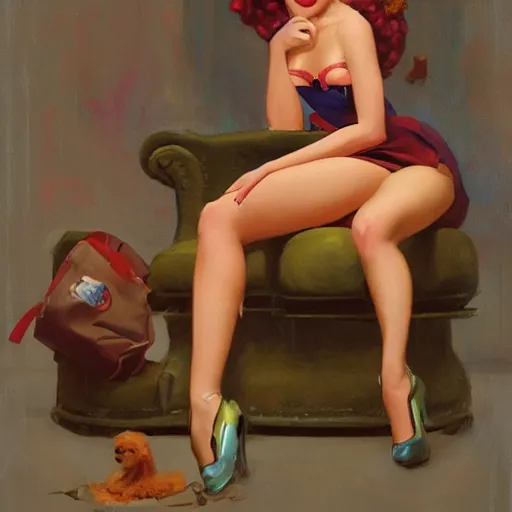 Image similar to a painting in the style of gil elvgren and in the style of james jean.