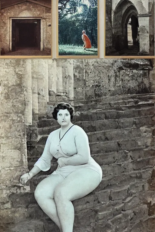 Prompt: plus - sized woman sitting on the stairs of a medieval building, summer, nature, natural light, forest setting, 1 9 6 0 s art, neo - renaissance, photo collage, by tom wesselman, by mel ramos, by martial raysse, by antonello de messina, by jim silke