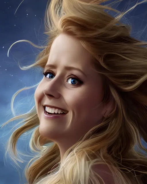 Image similar to happy smiling jenna fischer cleric, long blonde wind swept hair, ethereal, dreamy, backlit, highly detailed, stern expression, realistic lighting, sharp focus, windswept, rule of thirds, symmetrical facial features, by artgerm, wlop, rossdraws, frank frazetta, andrei riabovitchev, trending on artstation, hd, 4 k, fantasy