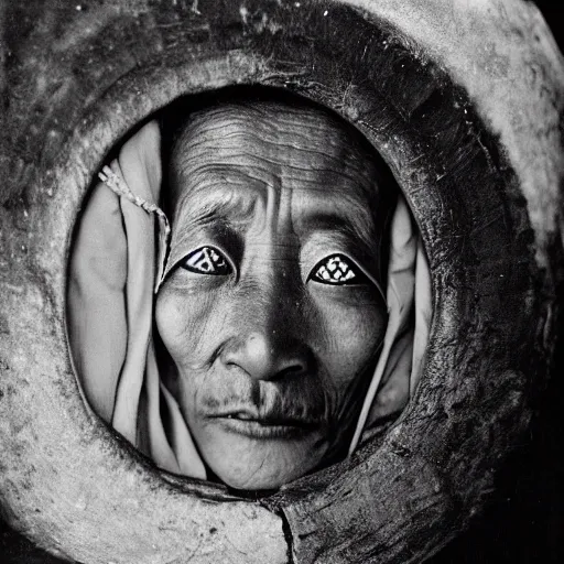 Image similar to ultra realistic vintage photo portrait of a tibetan man with hole spirals in the eyes, by Annie Leibovitz,