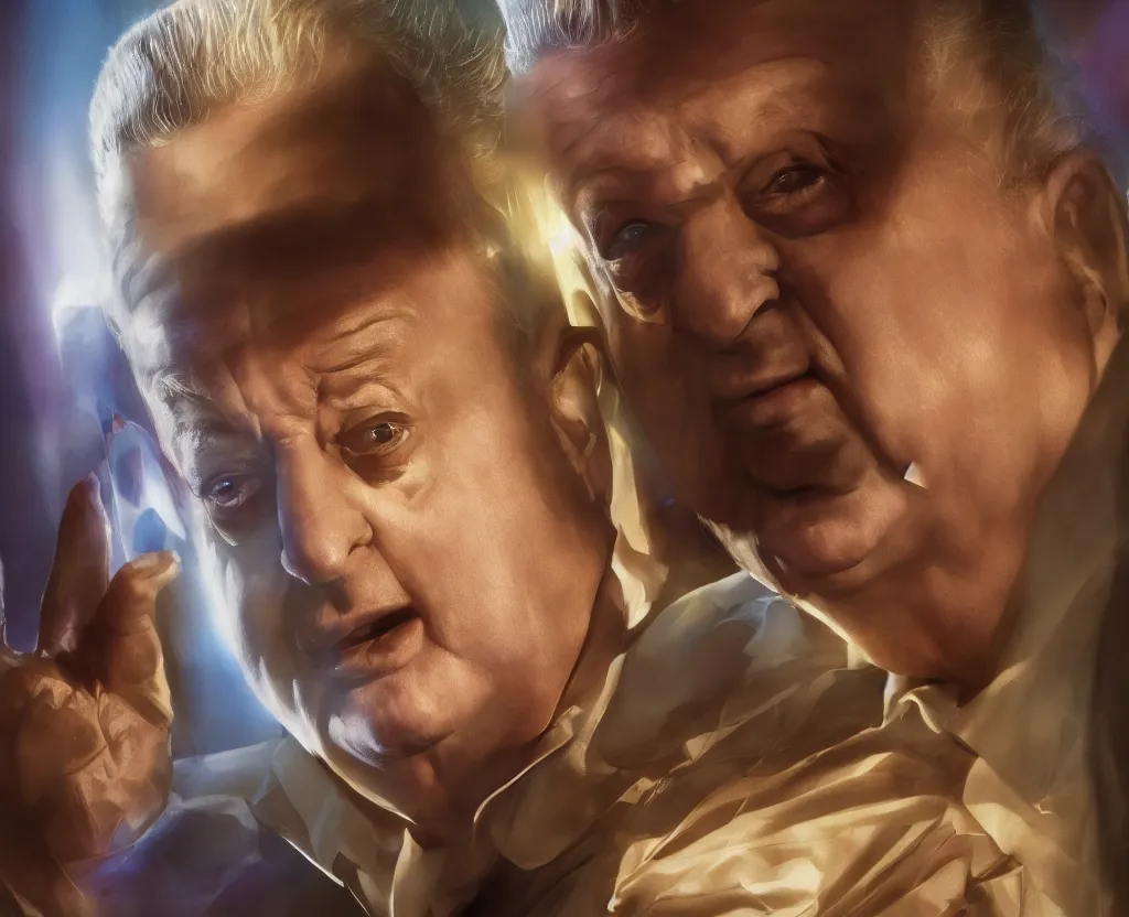 Prompt: dramatic portrait of Rodney Dangerfield from above the law, bloomed lighting, angelic, futuristic, beautiful colors, slightly golden, very sharp likeness, very detailed, chopping hands, electrical details, cinematic lighting high details, 4k, 8k, trending on artstation, ultra-realism