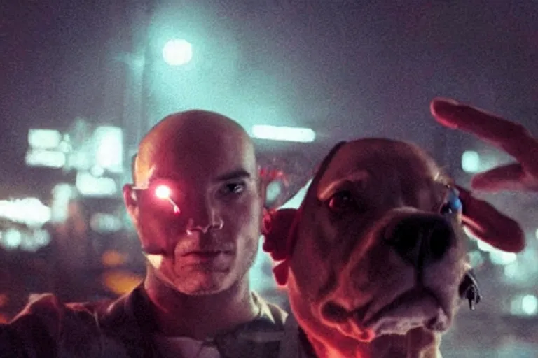 Image similar to cyborg - pitbull taking a selfie, in hell, in 2 0 5 5, y 2 k cybercore, industrial low - light photography, still from a kiyoshi kurosawa movie