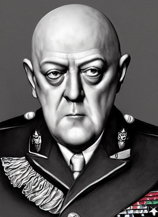 Image similar to highly detailed closeup portrait of aleister crowley wearing a general's uniform, unreal engine, nicoletta ceccoli, mark ryden, earl norem, lostfish, hyung tae, frank frazetta, global illumination, detailed and intricate environment